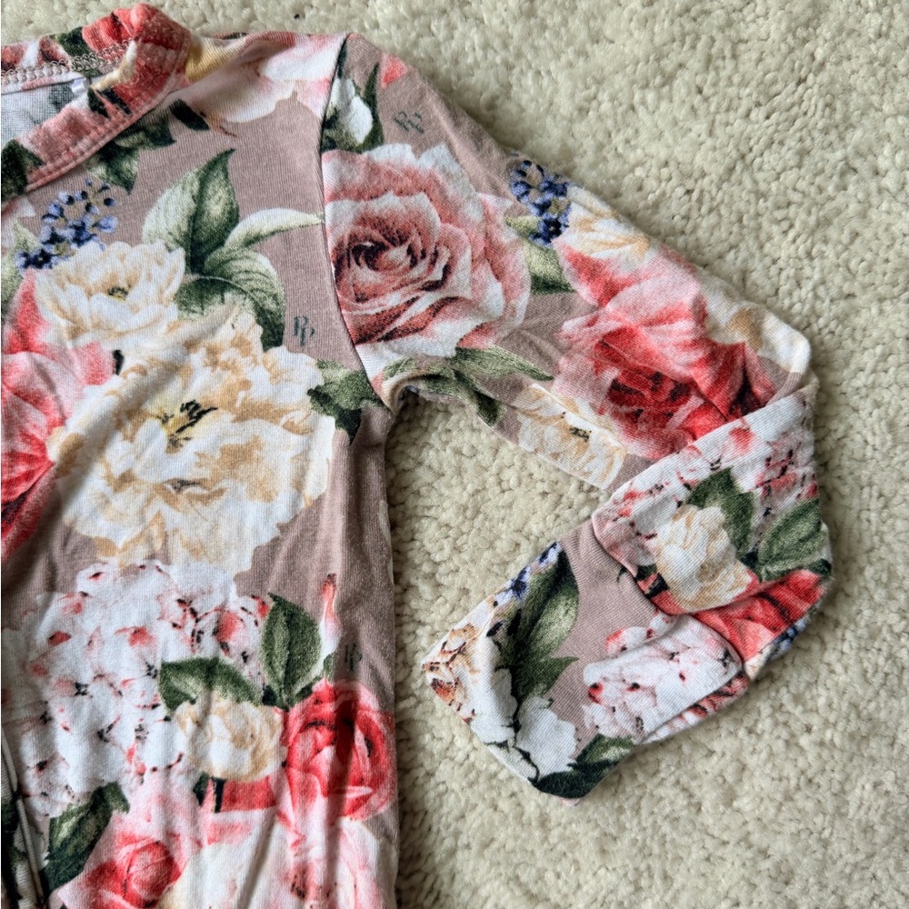 Posh Peanut Floral Footie Ruffled Zippered One Piece in Pink, Green, & Grey - Picture 5 of 12